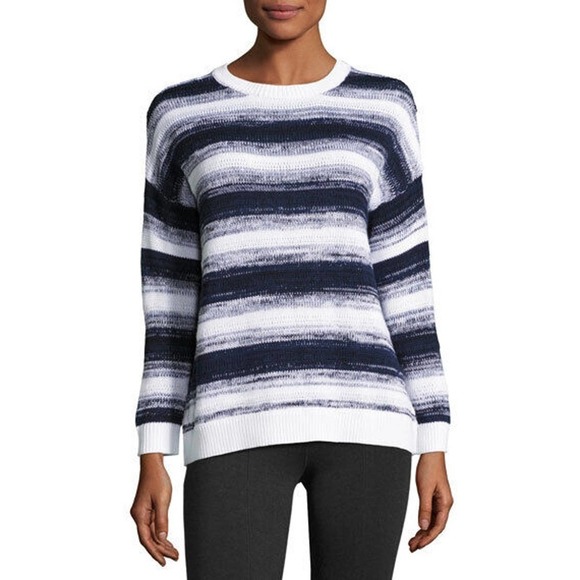 Vince Size XS Ombre Stripe Pullover Crewneck Sweater Navy Blue White 100% Cotton - Picture 1 of 5